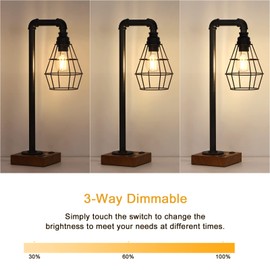 CADUKE Industrial Touch Control Table Lamp, LED Bulb Included, 3 Way Dimmble Lamp with 2 USB Ports and AC Outlet, Bedside Nightstand Desk Lamps with Metal Cage Shade for Bedroom Living Room Farmhouse