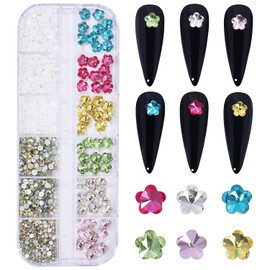 12 Grids 3D Mini Plum Blossom Nail Rhinestones for Acrylic Nails Mixed Size Crystals Glass Round Pearls Flatback Rhinestones Nail Art Crystal Gem Jewelry Diamond Rhinestones for Nail Craft Decoration