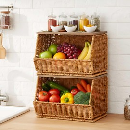 FoldTier 2 Pcs Stackable Wicker Fruit Basket with Wood Lid for Kitchen Desk