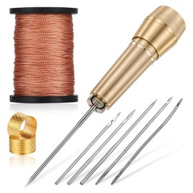 9pcs Leather Sewing Awl Kit Including 45m Waxed Thread and Thimble Canvas Leather Sewing Awl Needle with Copper Handle with 6 Needles for Leather Craft Needle Kit Shoe Repair Tool