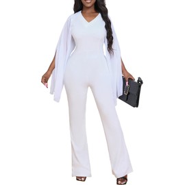 sexycherry White Jumpsuit for Women Dressy Formal Elegant V Neck Cloak Long Chiffon Sleeve Flared Long Pants Rompers with Zipper