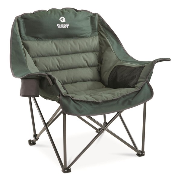 Guide Gear Oversized XL Padded Camping Chair, Portable, Folding, Large Camp Lounge Chairs for Outdoor, Adults, Men and Women, Heavy-Duty 400-lb. Capacity, with Cup Holder, Green