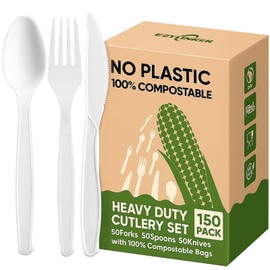 Heavy Duty Compostable Utensils Set (150Pack), Eco-Friendly Heavyweight No-Plastic Forks, Spoons, Knives Cutlery Set - 100% Disposable Cornstarch Flatware for Lounge Party Wedding BBQ Picnic Camping