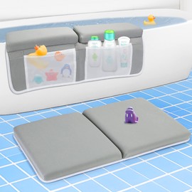 Beyoung Baby Bath Kneeler and Elbow Kneeling Rest Pad Set, Thickened Bathtub Kneeler Pad with Memory Foam and Bath Toys Organizer, Ideal Bath Kneeling Pad for Bathing Baby,Grey