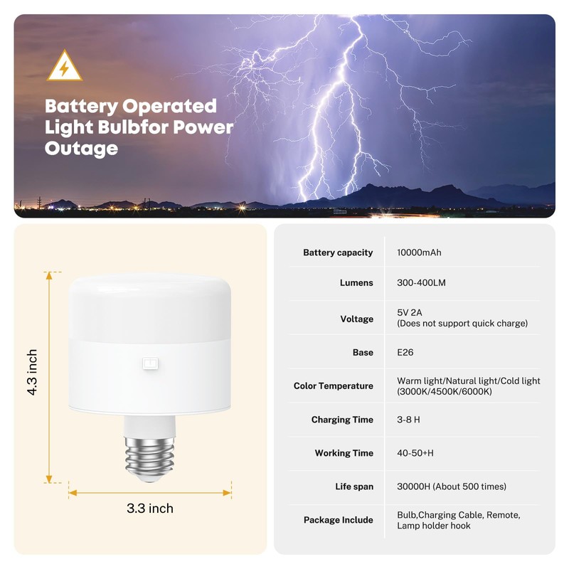 NookNova Rechargeable Light Bulbs with Remote, 10000mAh Battery Operated Light
