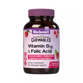 Bluebonnet EarthSweet Chewable B12 Folic Acid Tablets Vegan Gluten Free 90 Count