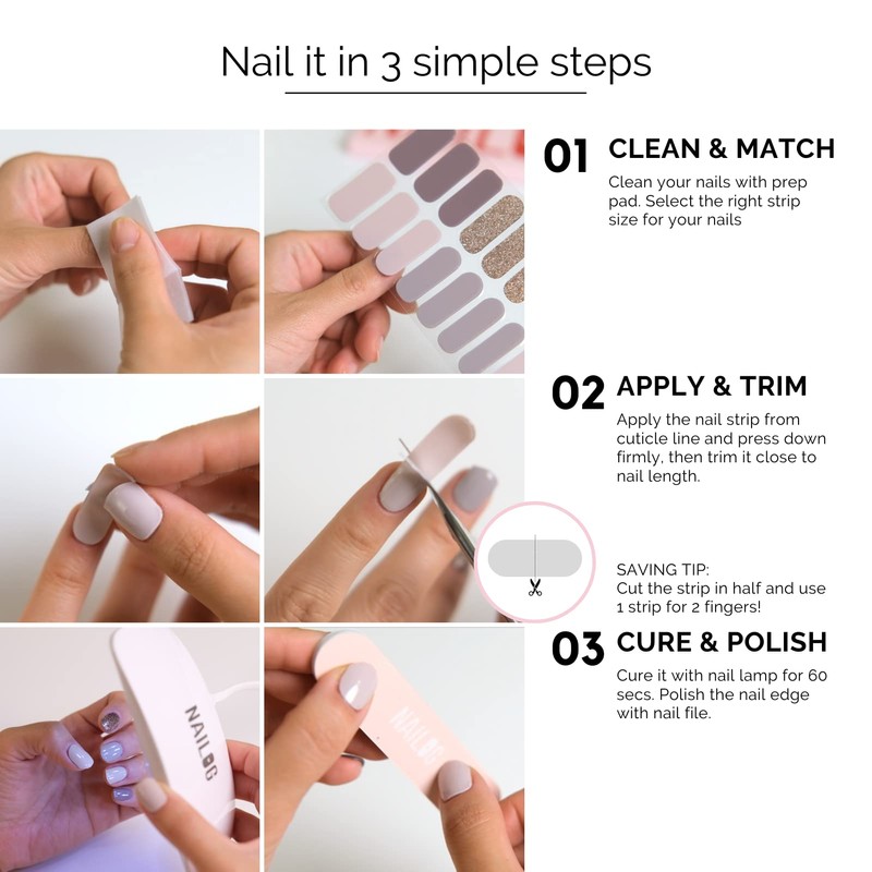 NAILOG Semi-Cured Gel Nail Strips, 20 Strips, Long Lasting, Salon-Quality,