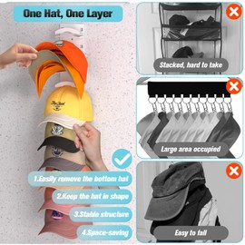 Hat Organizer for Baseball Caps, Hat Rack for Wall with Strong Adhesive Hold up to 10 Hats, Hat Hanger Holder Display for Door Closet, Cap Organizer Storage Multilayer Two Mounting Option(White)