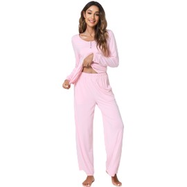 GYS Womens Bamboo Pajama Set Soft Long Sleeve Pj Pants Sleepwear Set, Pink, Small