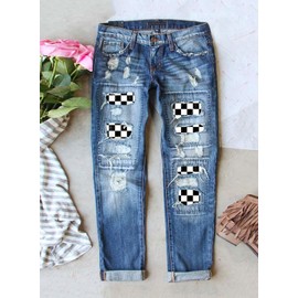 Astylish Women Football Ripped Patchwork High Rise Washed Jeans Boyfriend Distressed Denim Pants Blue Medium
