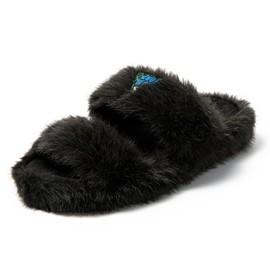 JOMIX Winter Slippers Women's Stylish Double Strap Mules Comfortable Fluffy Slippers Indoor Outdoor, black
