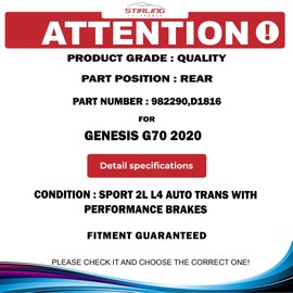 Stirling Quality Rear Rotor Pads Kit For Genesis G70 2020|Sport 2L L4 Auto Trans with Performance Brakes|982290,D1816