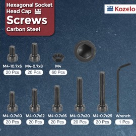 Kozelo 200pcs M4 Socket Head Cap Screws Bolts Nut Assortment Kit - [M4x6/8/10/12/16/20/25mm] Alloy Steel Fully Threaded Black Oxide 12.9 Internal Hex Screw for 3D Printer Use, with Wrench