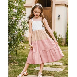 Arshiner Girls Sundresses Tween Girl Summer Spaghetti Strap Boho Beach Sleeveless Long Dress with Pockets White & Pink 11-12 Years