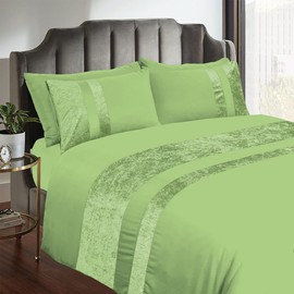 Casabella Luxury Crushed Velvet Panel Band Duvet Cover Sets with Pillow Case Double Duvet Cover Bedding Set – Sage Green Crush Velvet Double Duvet Cover Sets