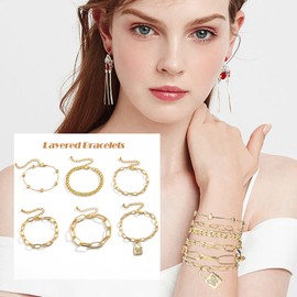 JUSTOOP 6 Pcs Gold Bracelets Layered Bracelets 18K Gold Plated Stainless Steel Bracelets for Women Adjustable Link Bracelet Lock-type Pendant Bracelet Layered Paperclip Snake Chain Bracelets