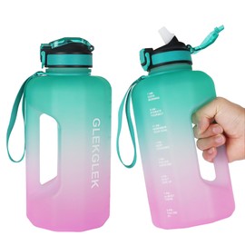 GLEKGLEK 2.2 Litre Water Bottle with Straw & Handle, BPA Free Motivational Jug with Time Markings, Leakproof Sport Bottles for Gym, Outdoor (Green Pink)