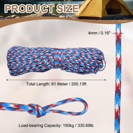 sourcing map 1/8" Paracord Rope, 200ft 7 Strand Heavy Duty Camping Rope Braided Polypropylene Ropes, Lightweight Tie-Downs Utility Cord for Marine, Indoor & Outdoor, Blue/Red/White