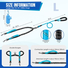 SlowTon Double Dog Lead for Walking 2 dogs No Tangle - Reflective Adjustable 55inch to 70Inches, 360° Swivel Heavy Duty Dual Splitter Soft Handle Bungee Leashes Small Medium Puppy (25-150 lbs)