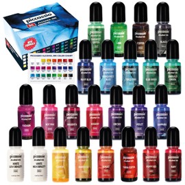 Alcohol Ink Set - New Improved Formula - 24 Highly Saturated Alcohol Inks - Fast-Drying and Permanent Inks - Versatile Alcohol Ink for Epoxy Resin, Tumblers, Fluid Art Painting, Glass, Metal etc