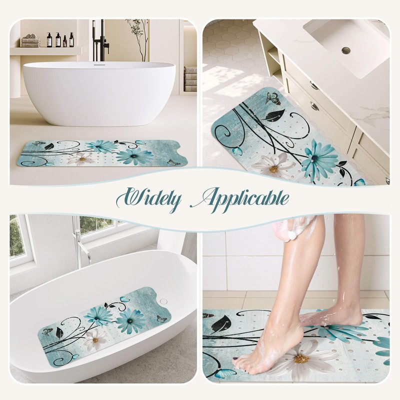 SHUCHING Turquoise Bath Mat for Tub Non Slip-40x16 Inch, Flower
