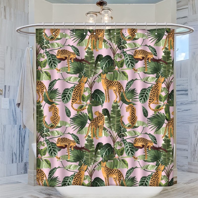INSFBRB Leopard Palm Leaves Waterproof Fabric Shower Curtain,Abstract Boho Wildlife