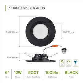 ASD Retrofit LED Recessed Lighting 5/6 Inch | 12W 1009Lm Wet Rated Dimmable Ceiling LED Downlights | 2700K-5000K Adjustable CRI90 Black LED Room Recessed Light Fixtures | LED Can Lights 6 Pack