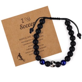 Blue Tiger Eye Stone Football Bracelet, Natural Stone Soccer Cross Bracelet with Meaningful Back Card Sports Gifts for Boys Soccer Accessories for Birthday Christmas Daily Wear