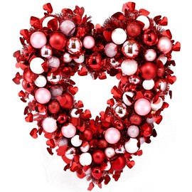 Sggvecsy 17.7'' Heart Shaped Wreath Valentines Day Red Pink White Heart Wreath with Tinsel Red Balls Decorations for Front Door Wedding Party Anniversary Wall Decor Gift Girlfriend Mother’s Day