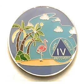 4 Year AA, Alcoholics Anonymous Beach Medallion, Chip, Token, Blue, Palm Tree with Flamingo