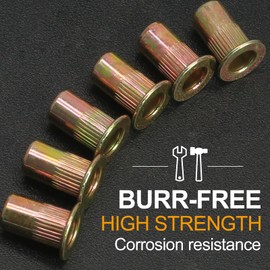 Hordion 100Pcs #10-32 Rivet Nuts, Carbon Steel Rivnut Flat Head Threaded Insert Nut Knurled Body for Automotive Furniture Decoration, Zinc Plated