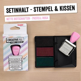 Trodat Creative Mini Stamp Set Cute Messages for Creative Design - 12 Imprints, German, Creative Stamp in Pastel Pink Including Ink Pad in Pink, Black, Green, 30 x 5 mm