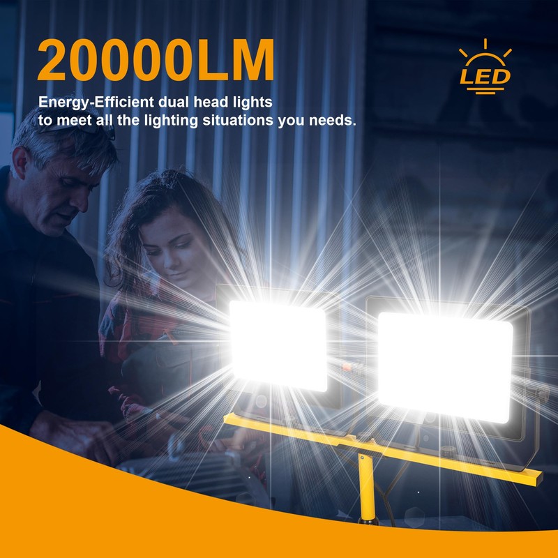 20000 Lumen Work Lights with Stand, 200W Dual Head LED