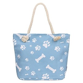 Premium Dog Cat Puppy Kitty Animal Paws Print Canvas Tote Shoulder Bag Handbag, Blue (Paws & Bones), 17" x 13" 5.5"
