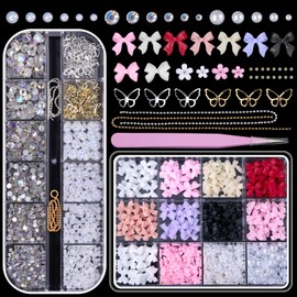 2 Boxes Mixed 3D Nail Charms and Rhinetones, Color Bows Bowknots Flowers Acrylic Nail Art Charms, Flatback Pearl AB Nail Gems Charms DIY Nail Art Supplies Accessories