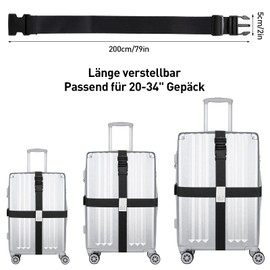 VEGCOO Luggage Straps Pack of 4, 2 Luggage Tags, Black Adjustable Luggage Strap, 5 x 200 cm, Luggage Strap, Cross Strap, Luggage Tag with Address Label