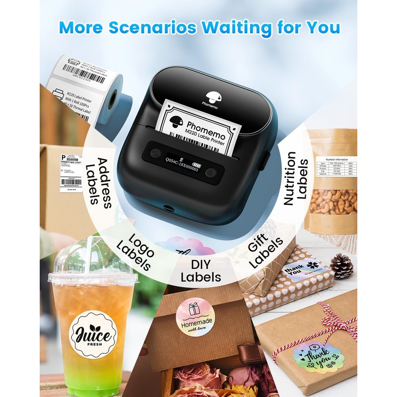 Phomemo Label Maker, M220 Thermal Label Printer, 80mm Portable Bluetooth