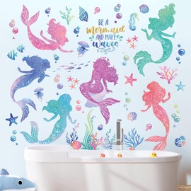 wondever Under The Sea Mermaid Bubble Glitter Wall Stickers Be A Mermaid and Make Waves Peel and Stick Wall Art Decals for Girls Bedroom Baby Nursery Kids Bedroom