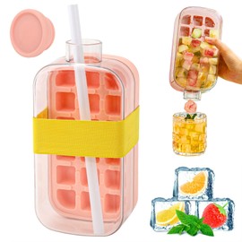 2 in 1 Water Bottle Ice Cube Tray with Lid and Bin, My Crush Cup Ice Cube Bottle with Straw, Push-Type Ice Cube Making Bottle for Home Outdoor Office Making Freezer Coffee Juice (Pink, 800ml)