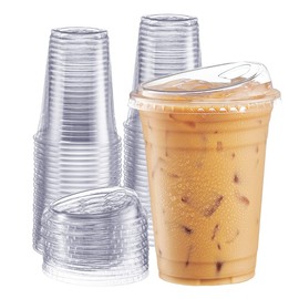 GUSTO Clear Plastic Cups with Lids [16 oz - 100 Count] - Disposable Iced Coffee Drink Cups with Strawless Sip Lids for Smoothies, Juices, and More - (Formerly Comfy Package)