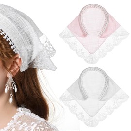 Xthrotsenk 2 PACK Hair Scarf Headband for Women Soft Head Coverings Lace Head Kerchief Non-Slip Scarves Boho Triangle Bandana Turban for Hair Styling (Pink+White)