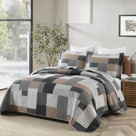 PERHOM Quilt Queen Size - 100% Cotton Lightweight Bedspread - Gray Brown Black White Plaid Patchwork Soft Reversible Quilt Queen Size for Bed Set All Season, 3 Pieces