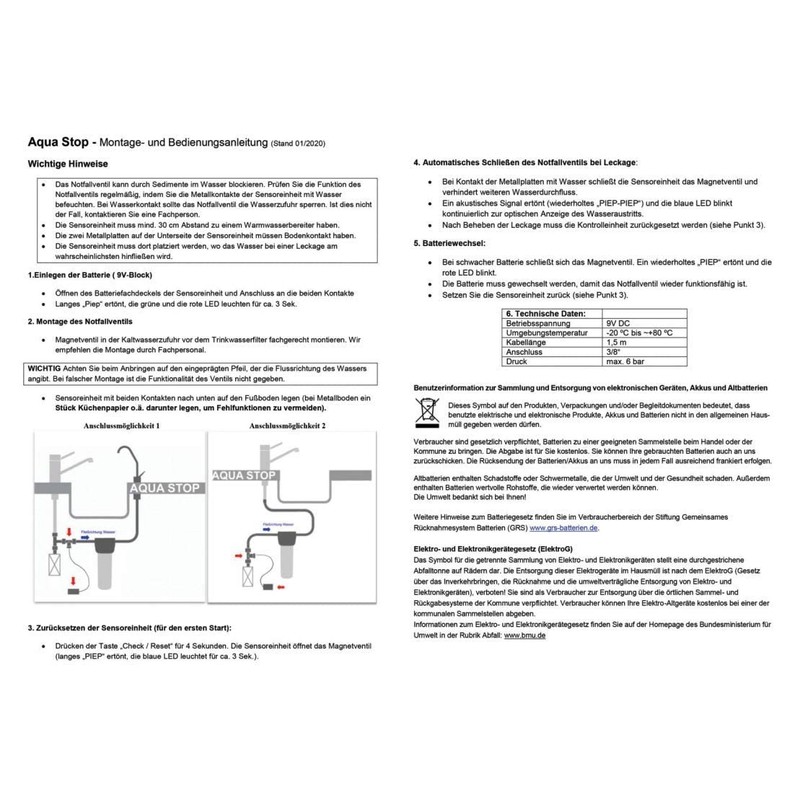 Quooka Water Detector with Shut-Off, Automatic Magnetic Shut-off Valve 3/8