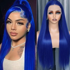 Blue Lace Front Wigs Human Hair Straight 13x4 Hd Lace Frontal Wig Pre Plucked With Baby Hair 200% Density Dark Blue Colored Wear Glueless Straight Wig Human Hair For Women 14 Inch