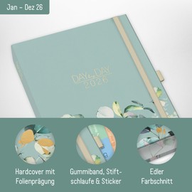 Häfft® Organizer Day by Day Deluxe 2026 A5 Tagesplaner Kalender mit 1 Tag pro Seite "Minty Leaves" Buchkalender 2026, Terminplaner - nachhaltig & klimafreundlich