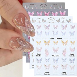 Hebterrka 4 Sheets Butterfly Nail Art Stickers, 5D Embossed Aurora Butterfly Nail Stickers, Pink Shiny Butterfly Nails, Stickers