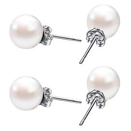 ALLY-MAGIC Pearl Earrings, 925 Sterling Silver Earrings, 1 pair Freshwater Cultured Pearls Stud Earrings for Women, 7mm Button Freshwater Cultured Pearl Stud Earrings Y9ZZED