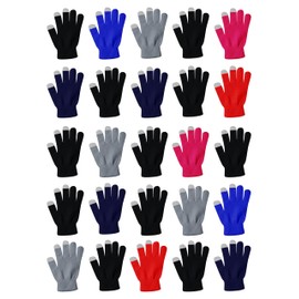 24 Pairs Touch Screen Winter Gloves, Thermal Bulk Pack, Lightweight Warm Soft Stretchy Brushed Interior (Assorted Colors, One Size)