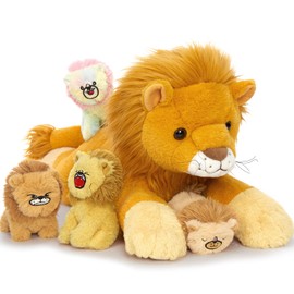 MorisMos Big Lion Teddy Soft Toy, 60cm Mom with 4 Cuddly Baby Inside, Giant Fluffly Lion Stuffed Animal Realistic Kawaii Gift for Kids Birthday Deco