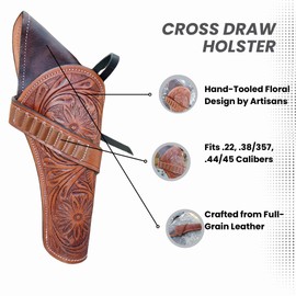 22 .38/.357 .44/.45 Cal Western Gun Holster – Cross Draw – Handmade Full Grain Leather – Fits 4" to 6.5" Barrel Revolvers – Compatible with Heritage Rough Rider Colt Uberti Blackhawk (.44/45, Right)
